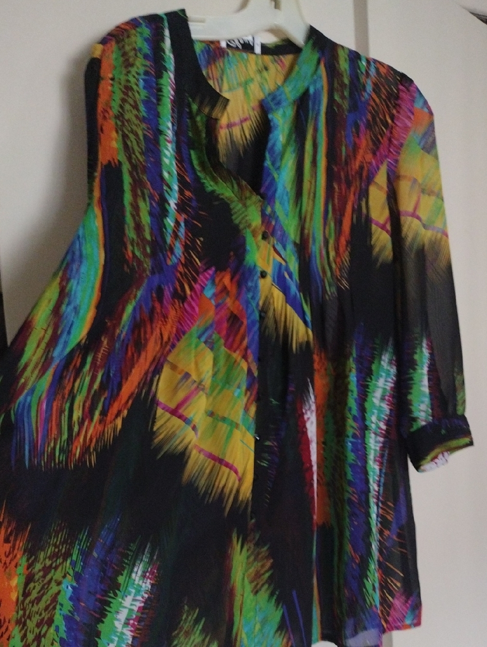 Sheer Multicolor Abstract Button-Front Blouse